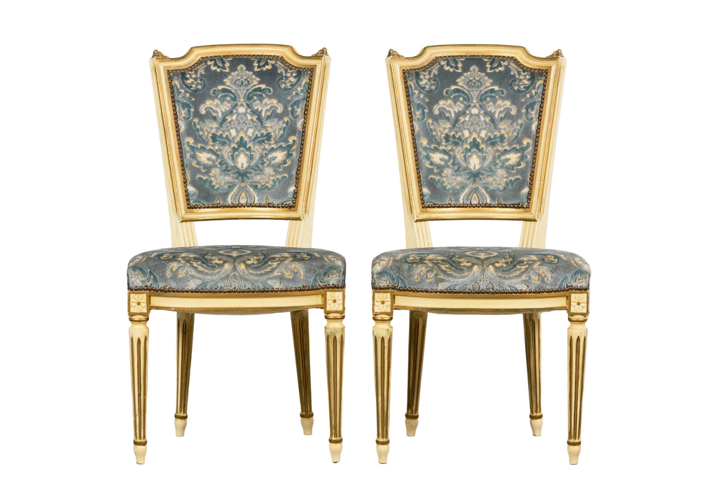 Antique French Louis XVI Style Painted Side Chairs W/ Blue Velvet Damask – A Pair