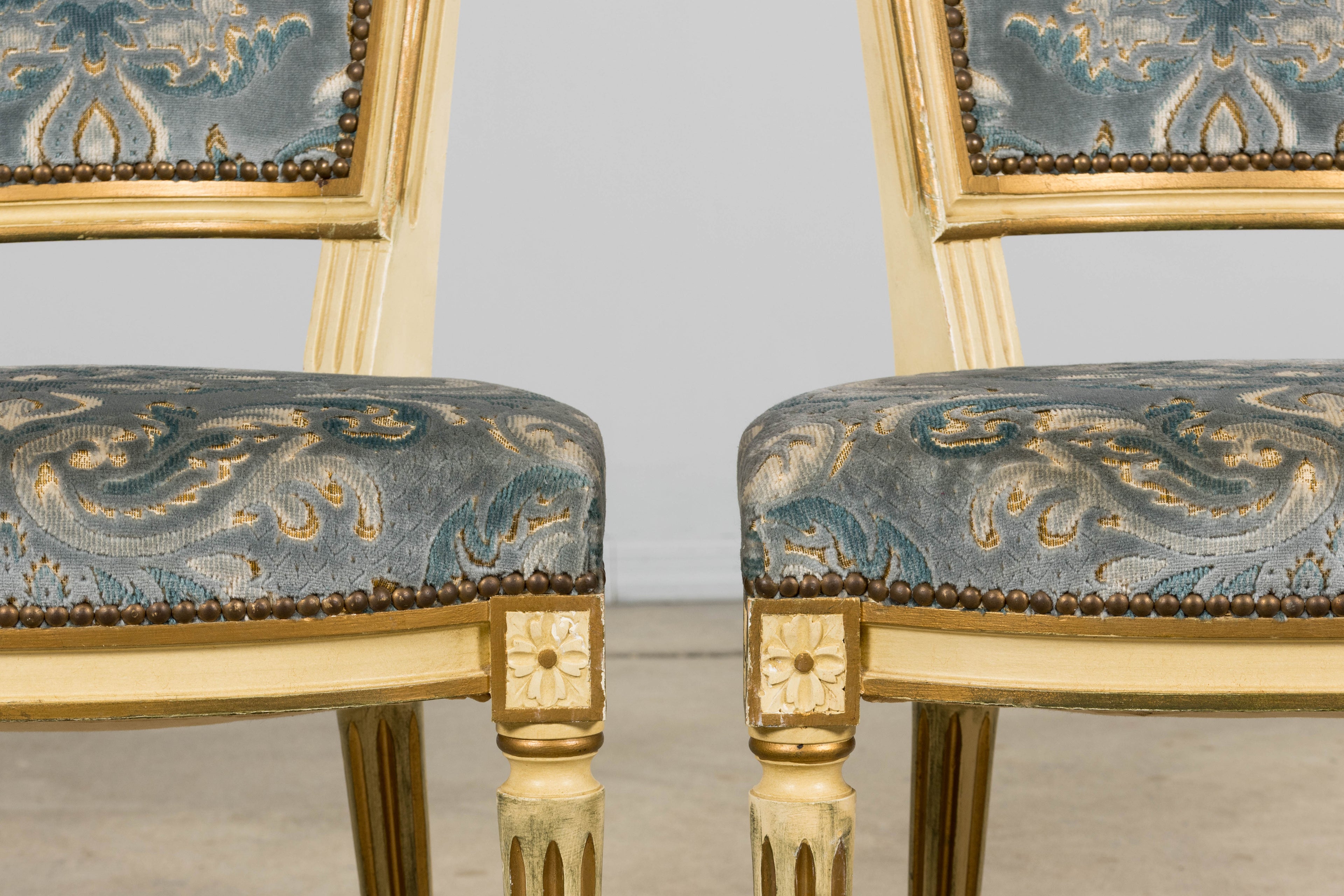 Antique French Louis XVI Style Painted Side Chairs W/ Blue Velvet Damask – A Pair