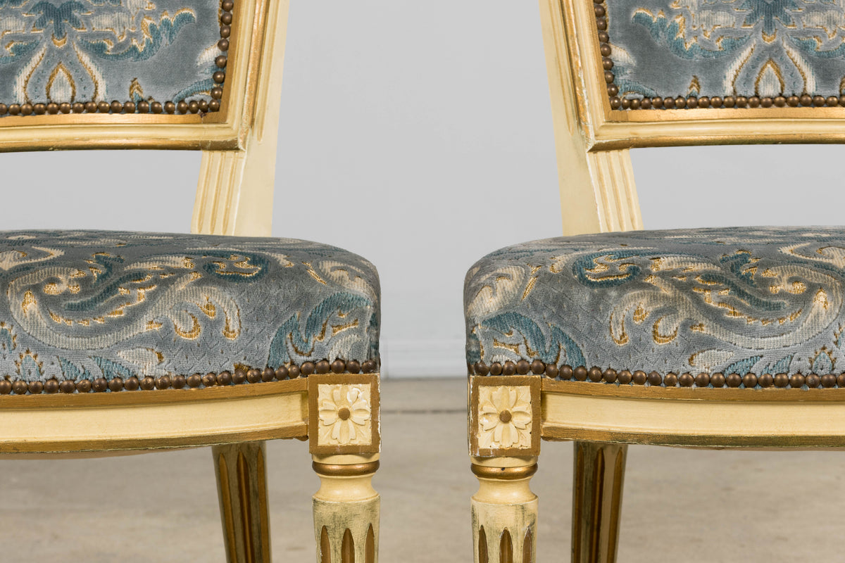 Antique French Louis XVI Style Painted Side Chairs W/ Blue Velvet Damask – A Pair
