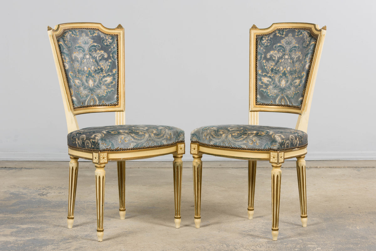Antique French Louis XVI Style Painted Side Chairs W/ Blue Velvet Damask – A Pair