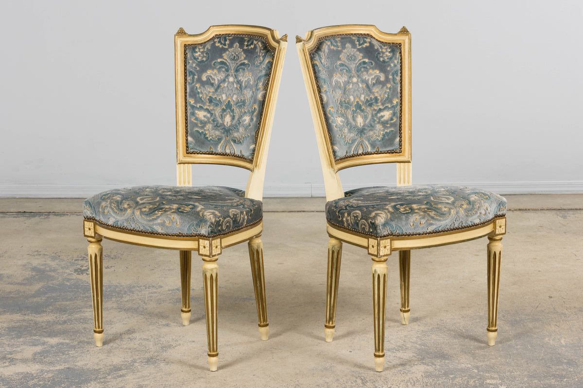 Antique French Louis XVI Style Painted Side Chairs W/ Blue Velvet Damask – A Pair