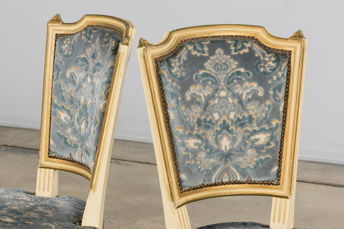 Antique French Louis XVI Style Painted Side Chairs W/ Blue Velvet Damask – A Pair