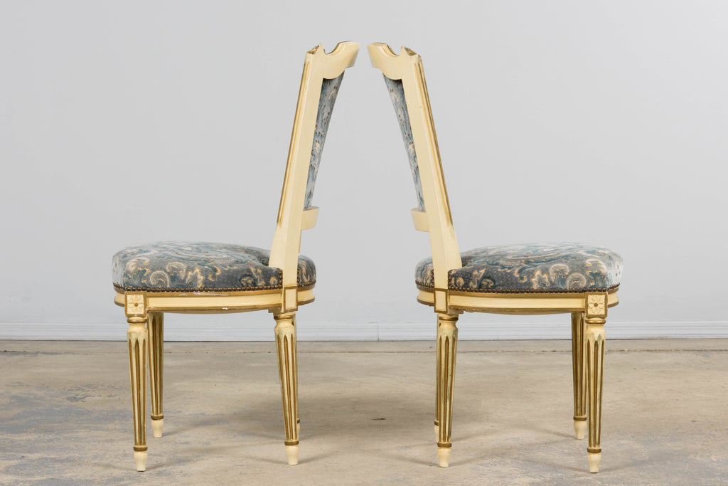 Antique French Louis XVI Style Painted Side Chairs W/ Blue Velvet Damask – A Pair