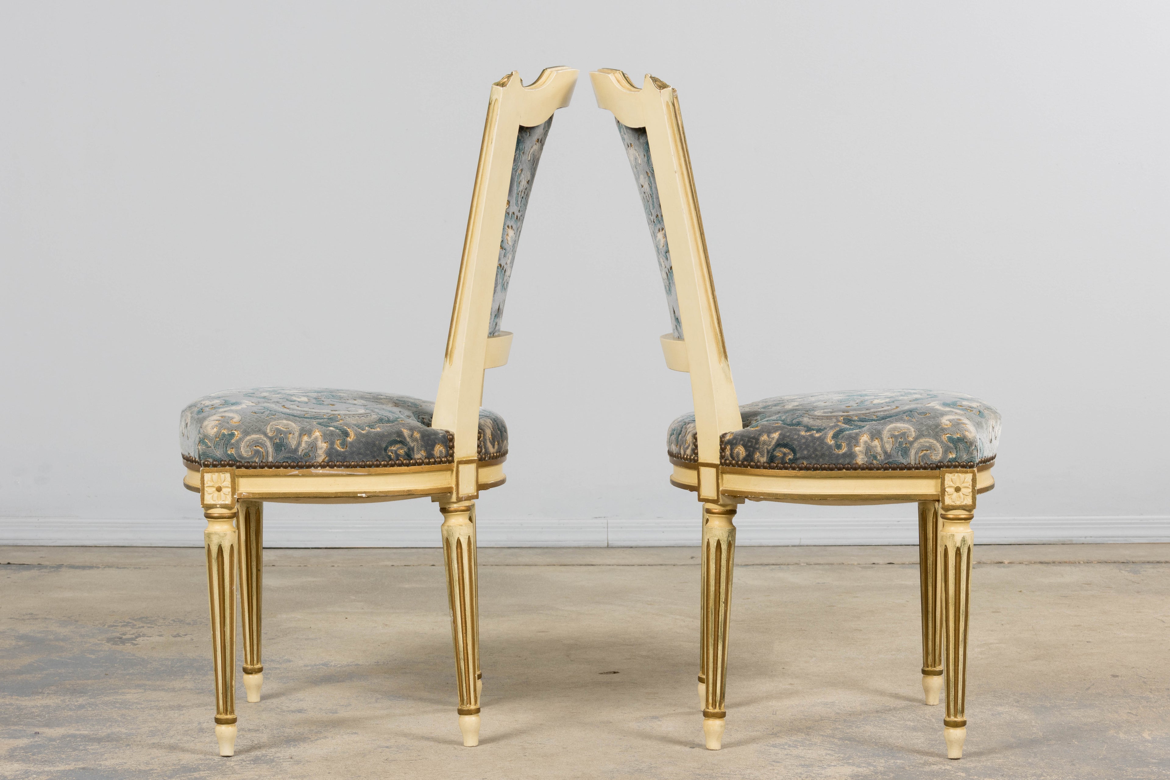 Antique French Louis XVI Style Painted Side Chairs W/ Blue Velvet Damask – A Pair