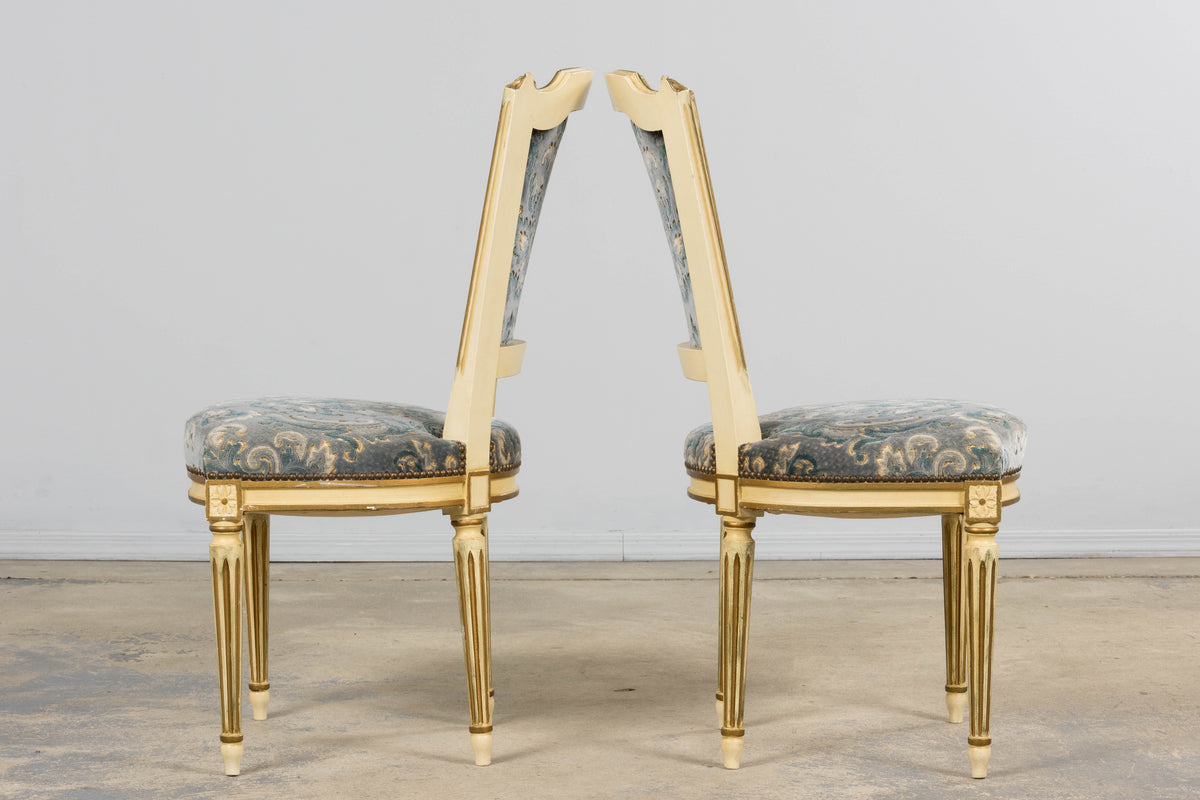 Antique French Louis XVI Style Painted Side Chairs W/ Blue Velvet Damask – A Pair