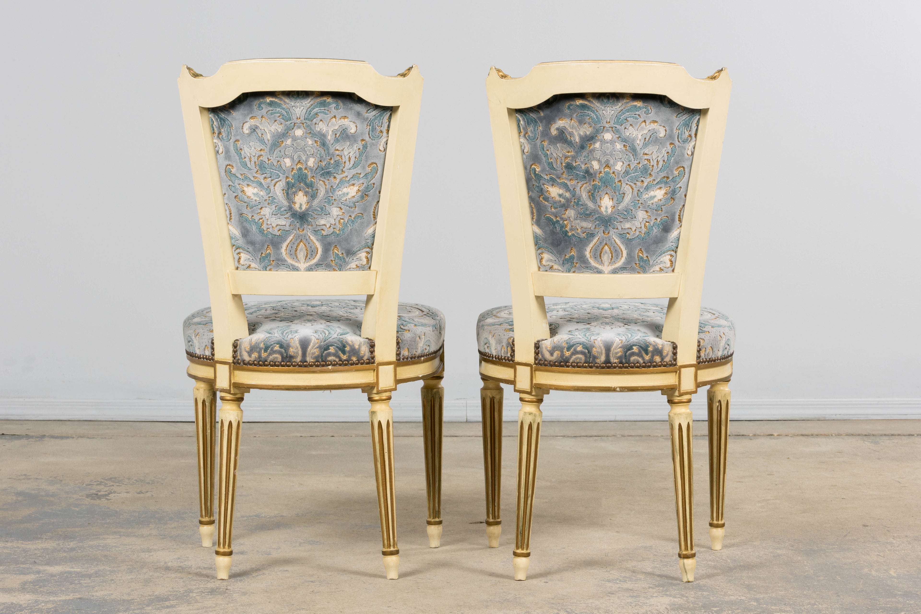 Antique French Louis XVI Style Painted Side Chairs W/ Blue Velvet Damask – A Pair