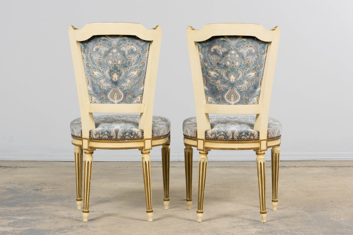 Antique French Louis XVI Style Painted Side Chairs W/ Blue Velvet Damask – A Pair