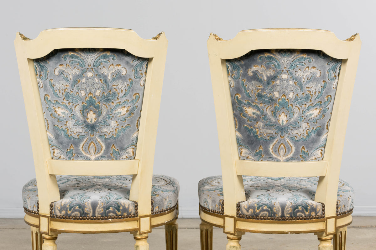 Antique French Louis XVI Style Painted Side Chairs W/ Blue Velvet Damask – A Pair