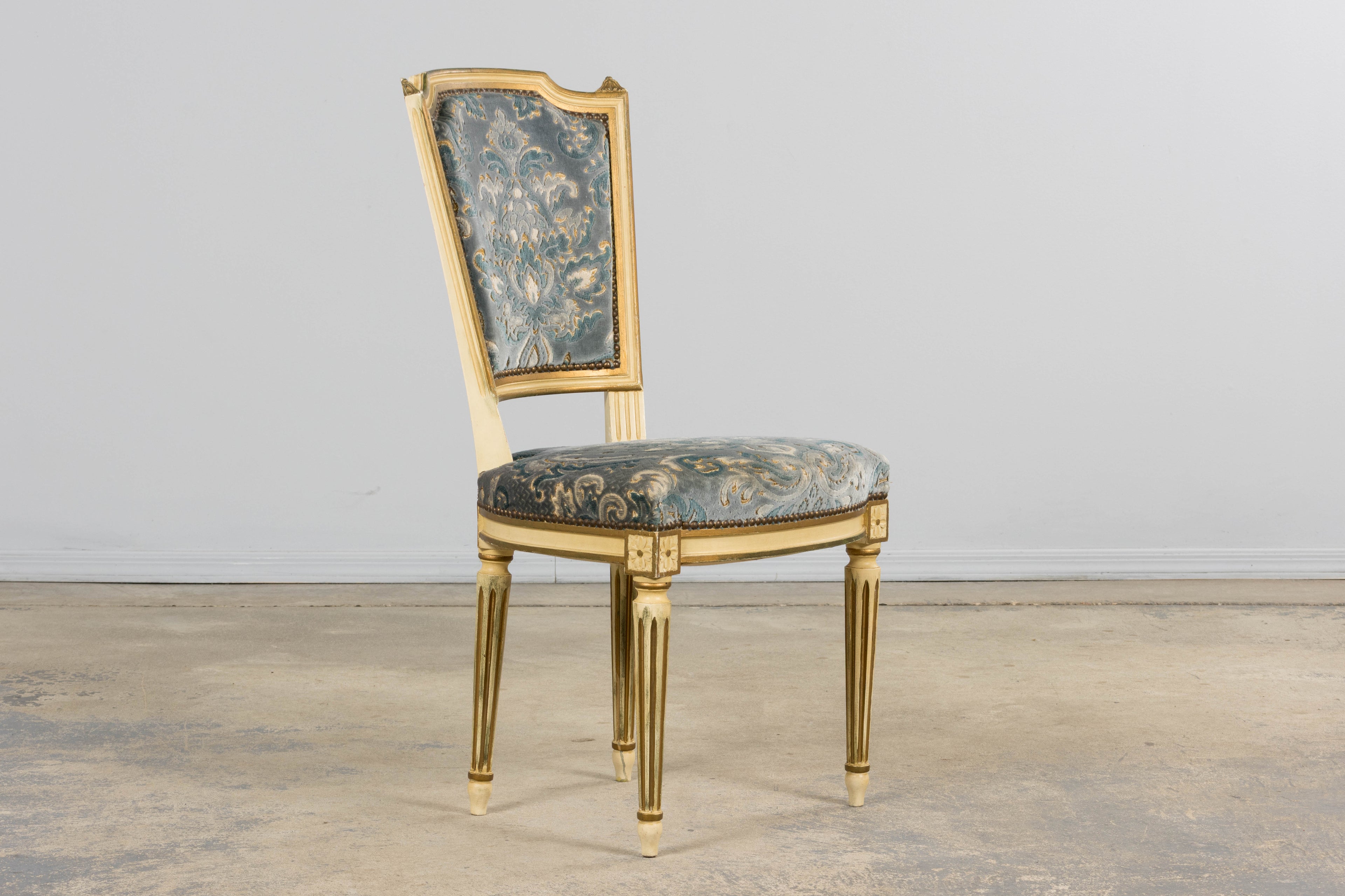 Antique French Louis XVI Style Painted Side Chairs W/ Blue Velvet Damask – A Pair