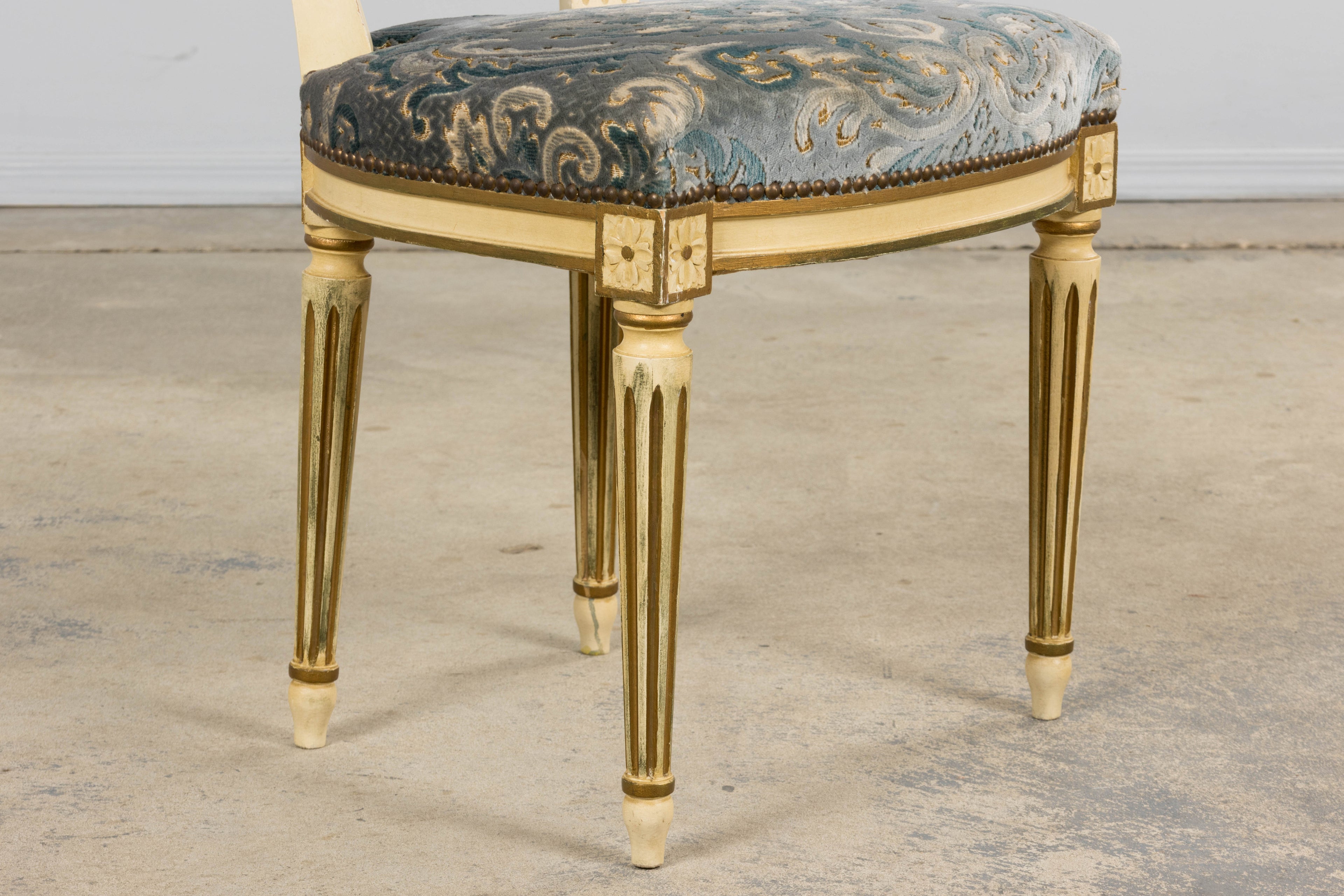 Antique French Louis XVI Style Painted Side Chairs W/ Blue Velvet Damask – A Pair