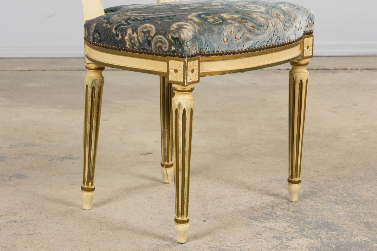 Antique French Louis XVI Style Painted Side Chairs W/ Blue Velvet Damask – A Pair