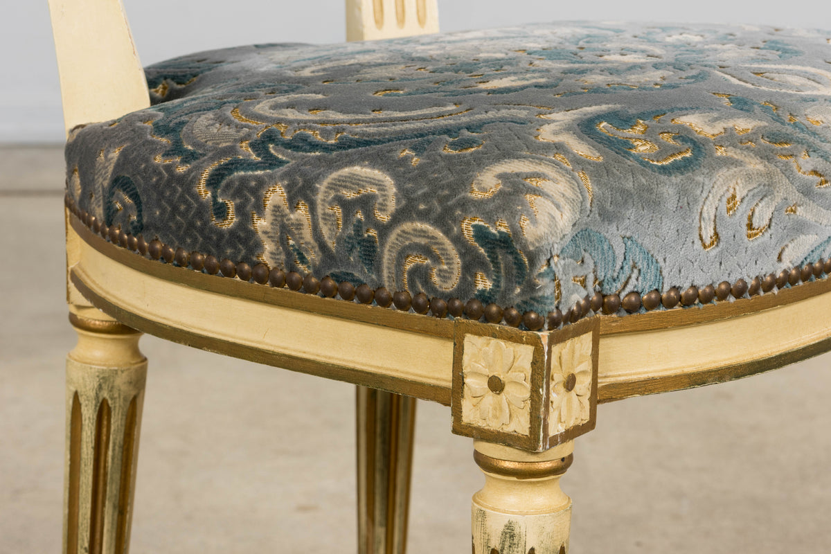 Antique French Louis XVI Style Painted Side Chairs W/ Blue Velvet Damask – A Pair