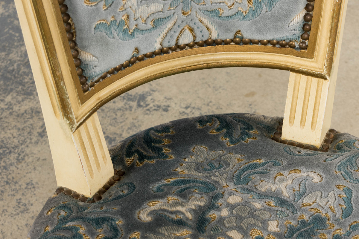 Antique French Louis XVI Style Painted Side Chairs W/ Blue Velvet Damask – A Pair