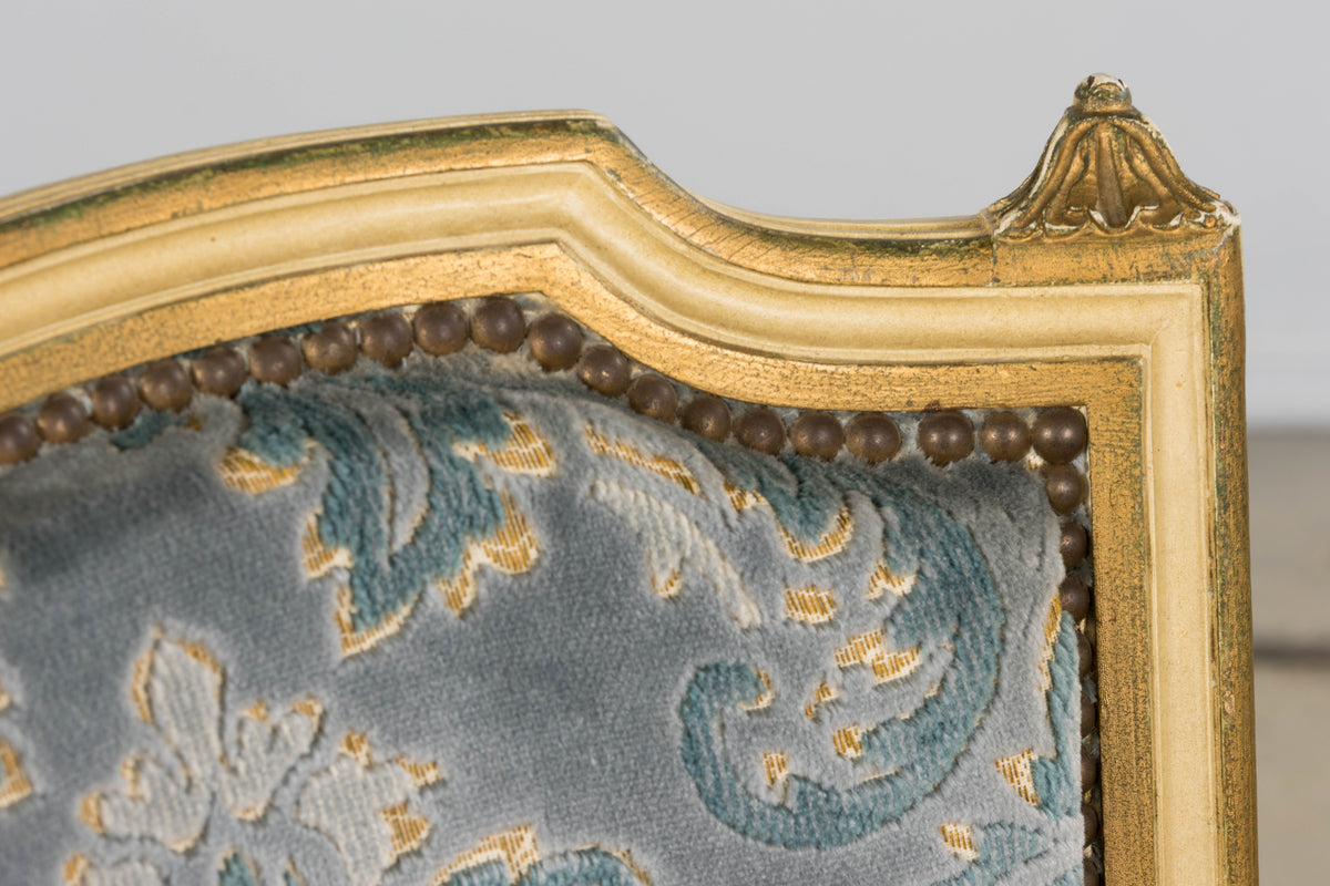 Antique French Louis XVI Style Painted Side Chairs W/ Blue Velvet Damask – A Pair