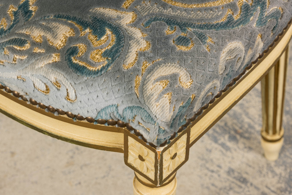 Antique French Louis XVI Style Painted Side Chairs W/ Blue Velvet Damask – A Pair