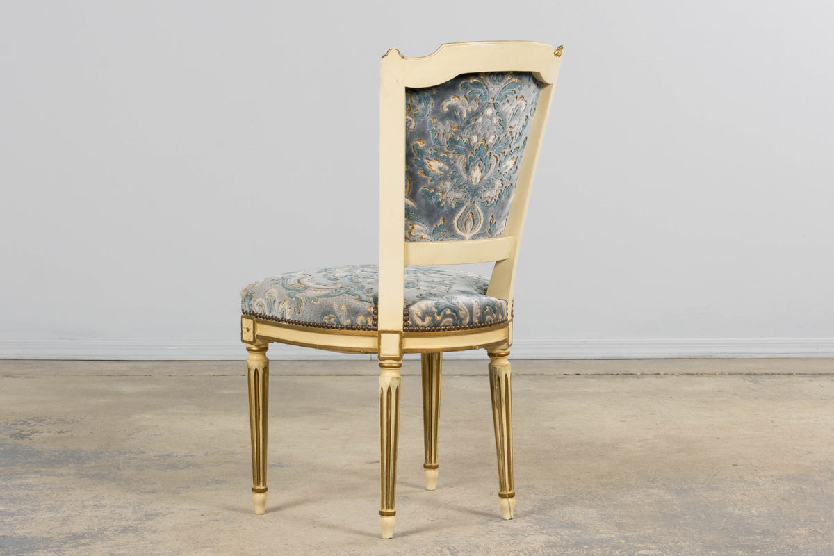 Antique French Louis XVI Style Painted Side Chairs W/ Blue Velvet Damask – A Pair