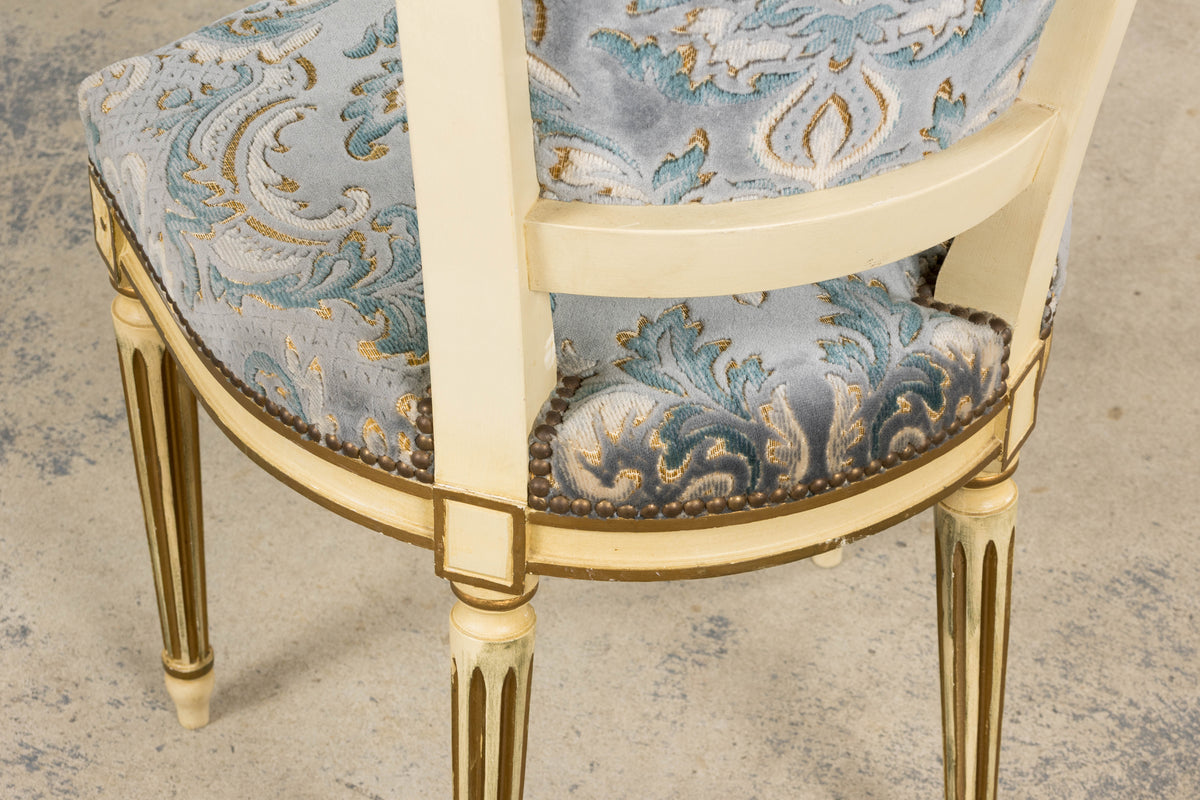 Antique French Louis XVI Style Painted Side Chairs W/ Blue Velvet Damask – A Pair