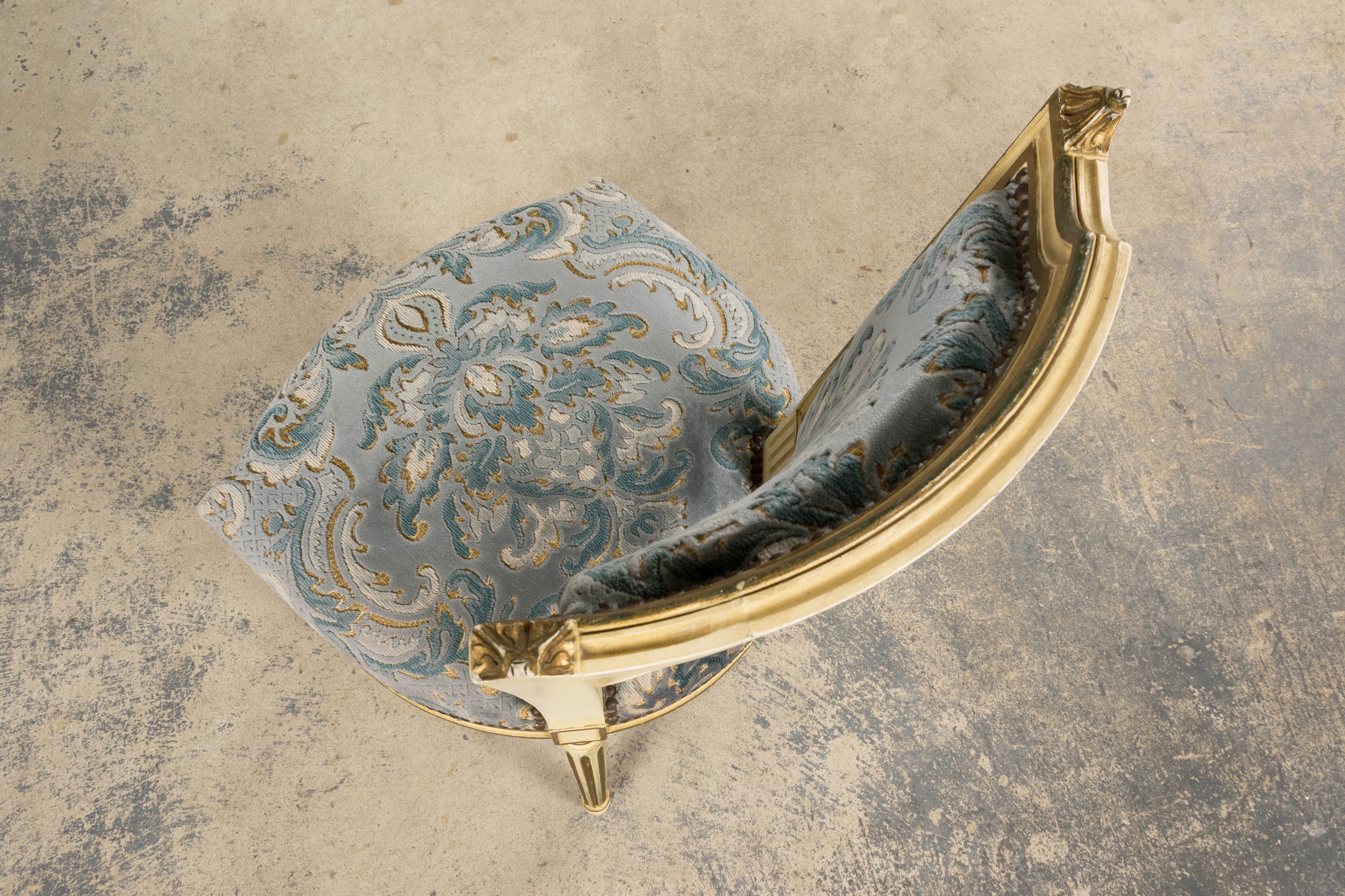 Antique French Louis XVI Style Painted Side Chairs W/ Blue Velvet Damask – A Pair