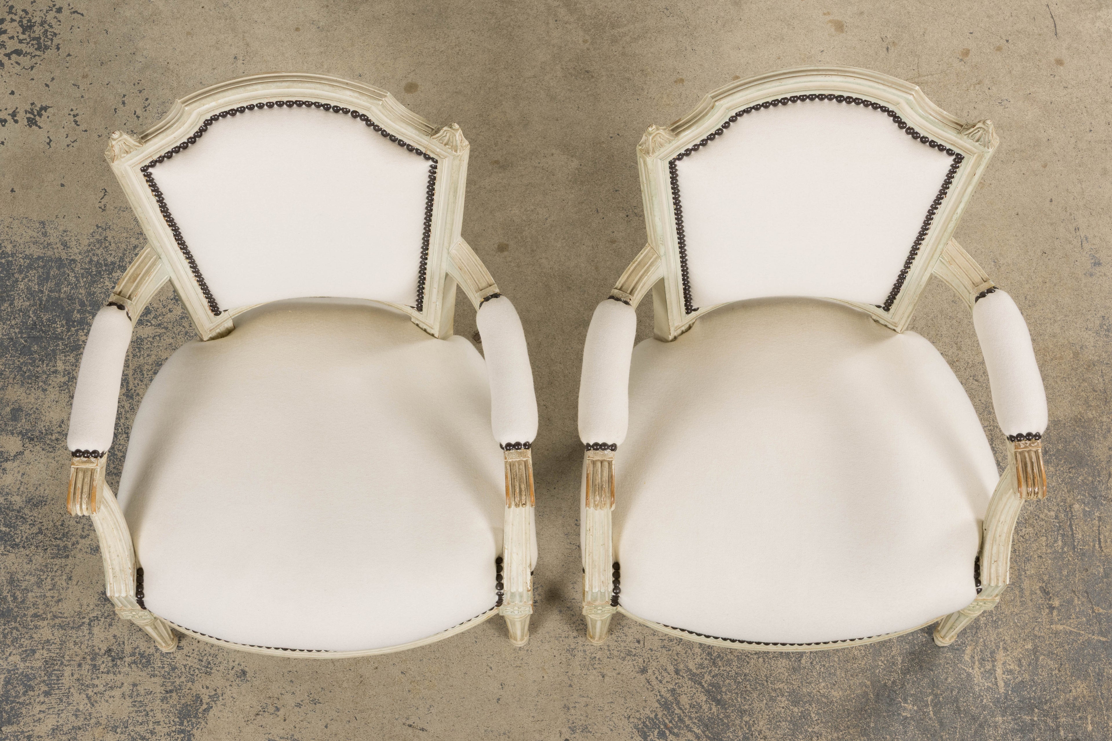 Antique French Louis XVI Painted Armchairs in Off-White Wool - A Pair