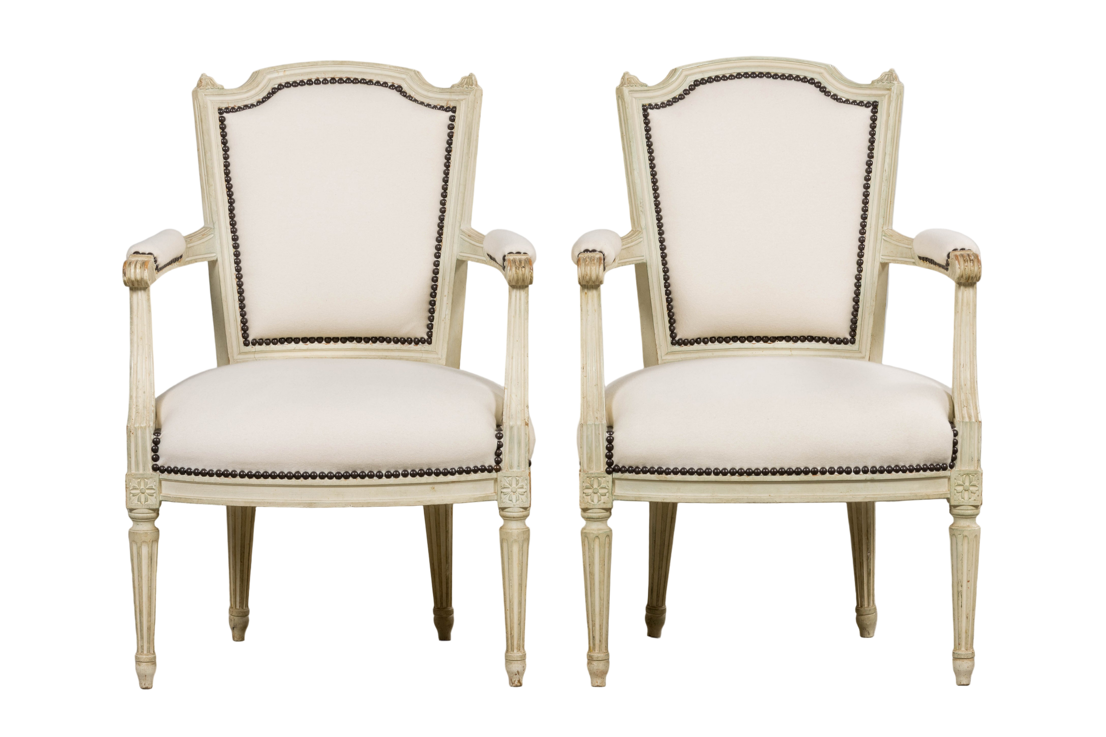 Antique French Louis XVI Painted Armchairs in Off-White Wool - A Pair