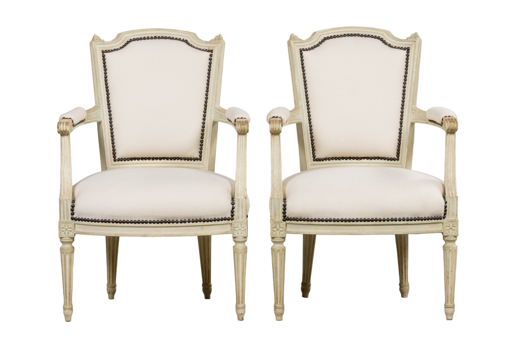 Antique French Louis XVI Painted Armchairs in Off-White Wool - A Pair
