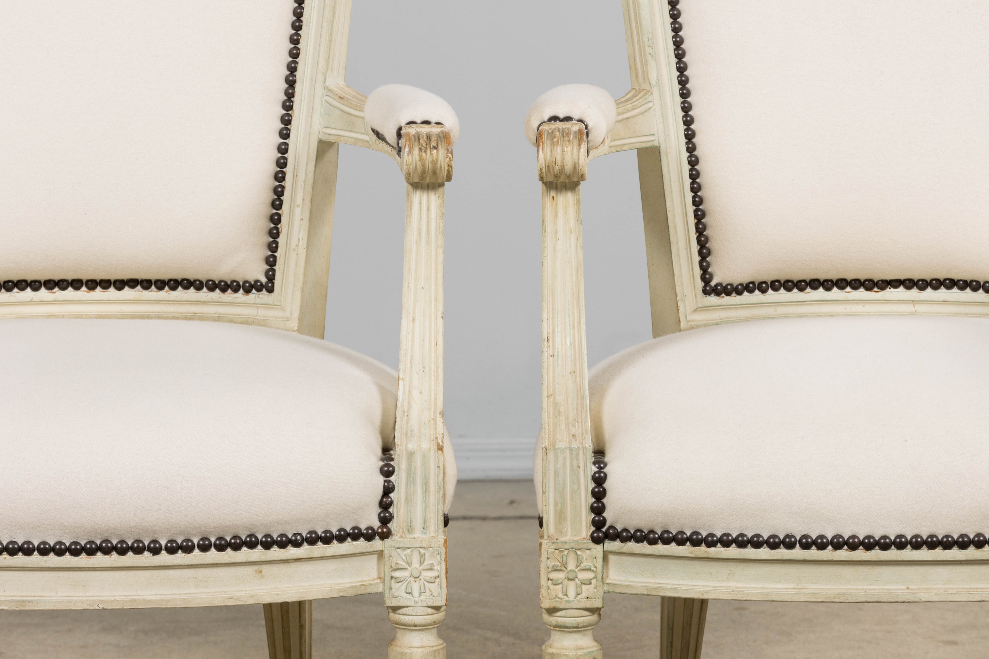 Antique French Louis XVI Painted Armchairs in Off-White Wool - A Pair