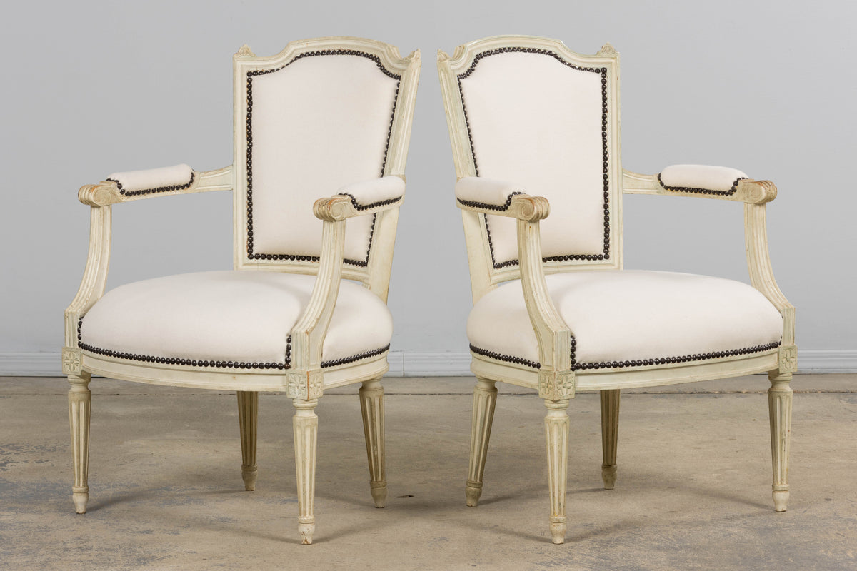 Antique French Louis XVI Painted Armchairs in Off-White Wool - A Pair