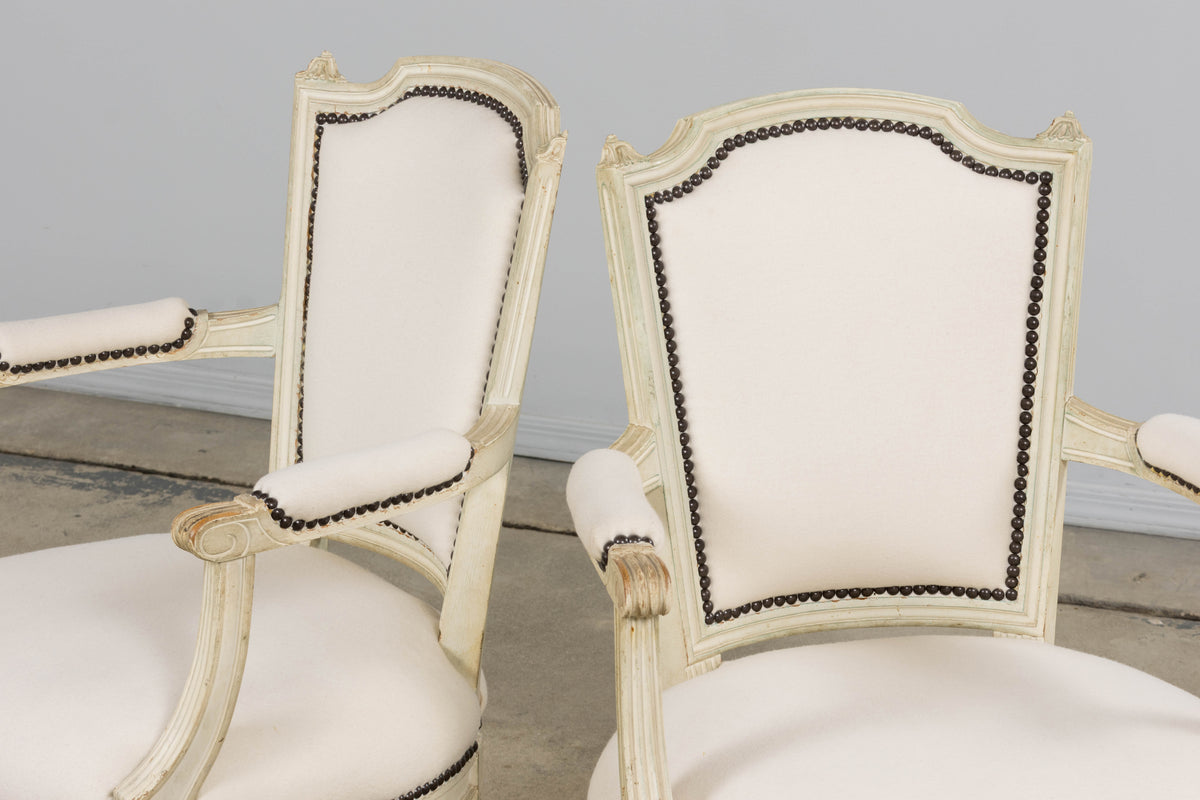 Antique French Louis XVI Painted Armchairs in Off-White Wool - A Pair