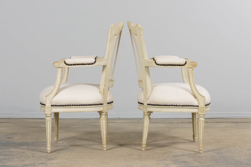 Antique French Louis XVI Painted Armchairs in Off-White Wool - A Pair