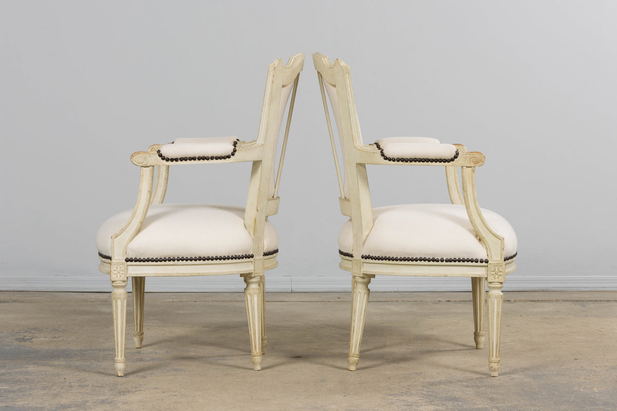 Antique French Louis XVI Painted Armchairs in Off-White Wool - A Pair