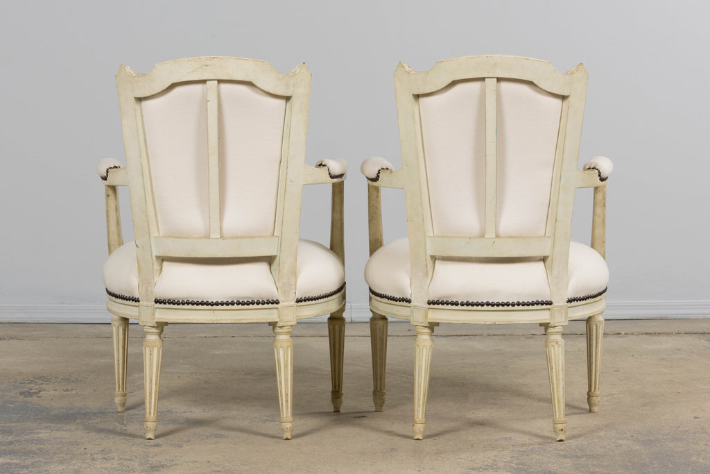 Antique French Louis XVI Painted Armchairs in Off-White Wool - A Pair