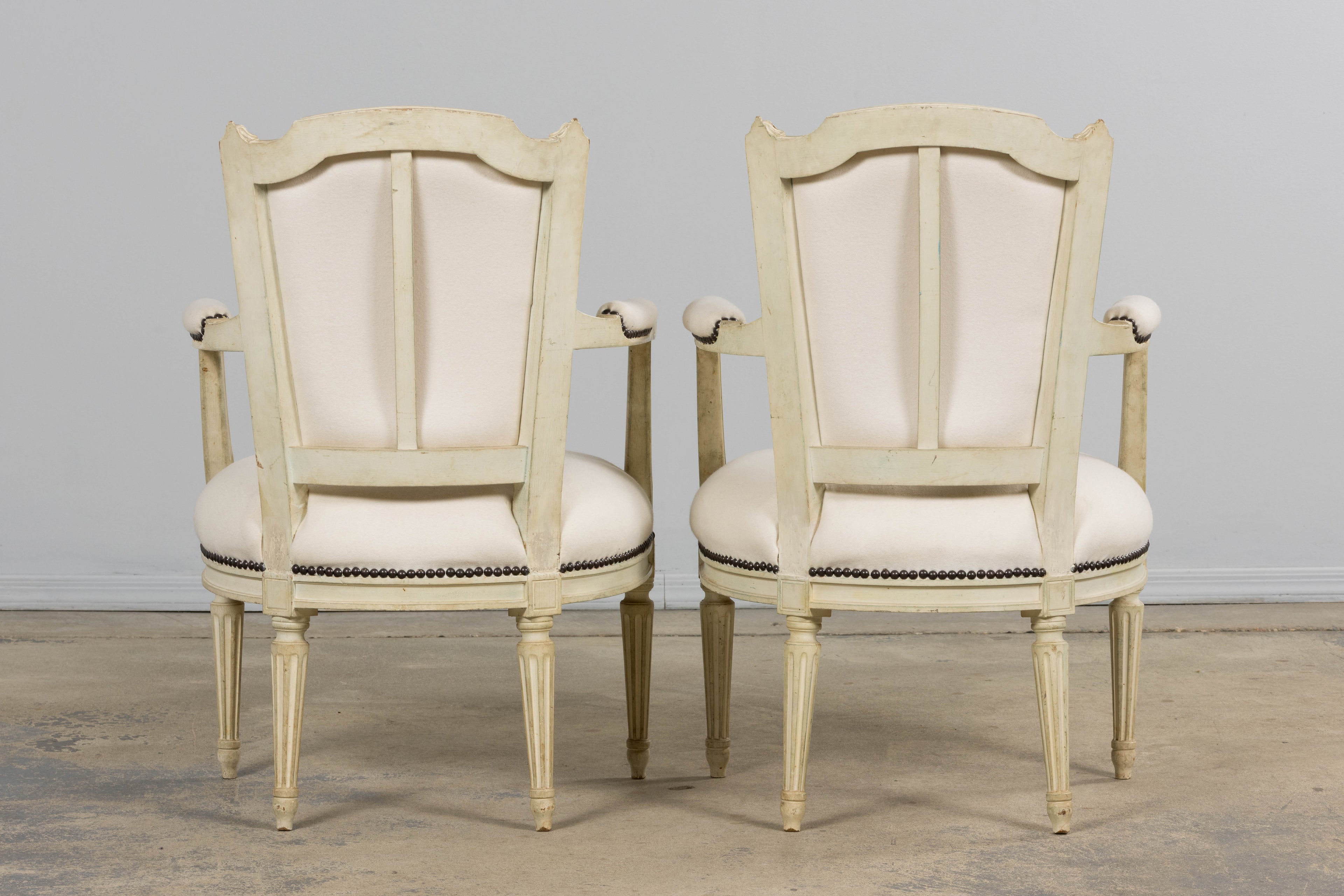 Antique French Louis XVI Painted Armchairs in Off-White Wool - A Pair