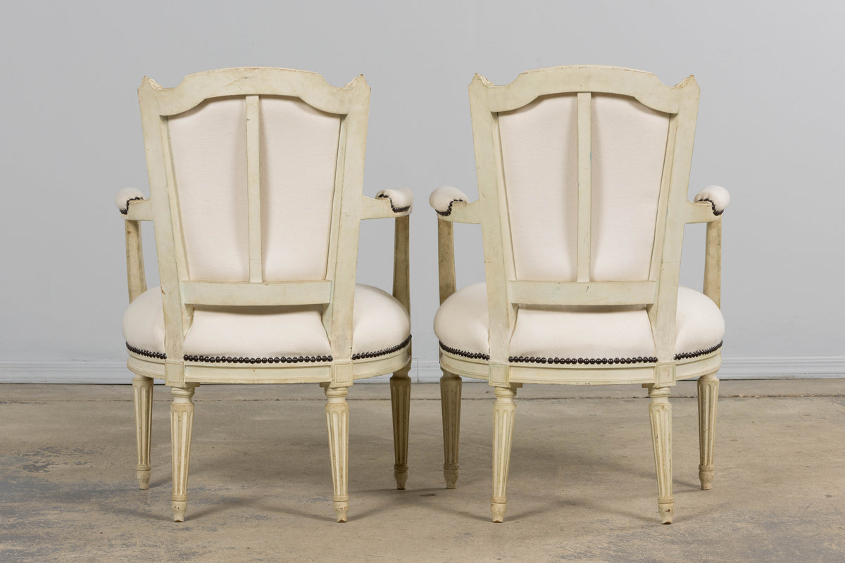 Antique French Louis XVI Painted Armchairs in Off-White Wool - A Pair
