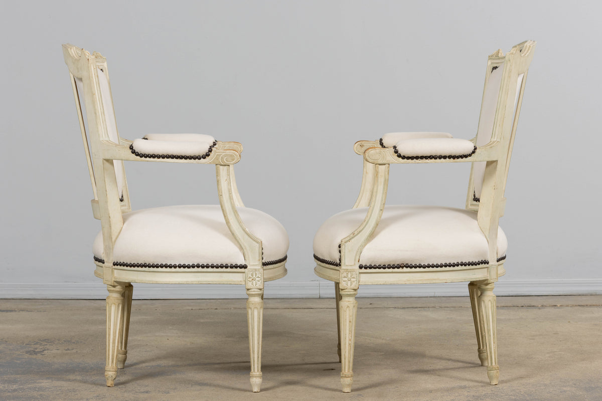 Antique French Louis XVI Painted Armchairs in Off-White Wool - A Pair