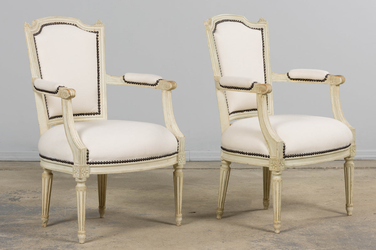 Antique French Louis XVI Painted Armchairs in Off-White Wool - A Pair