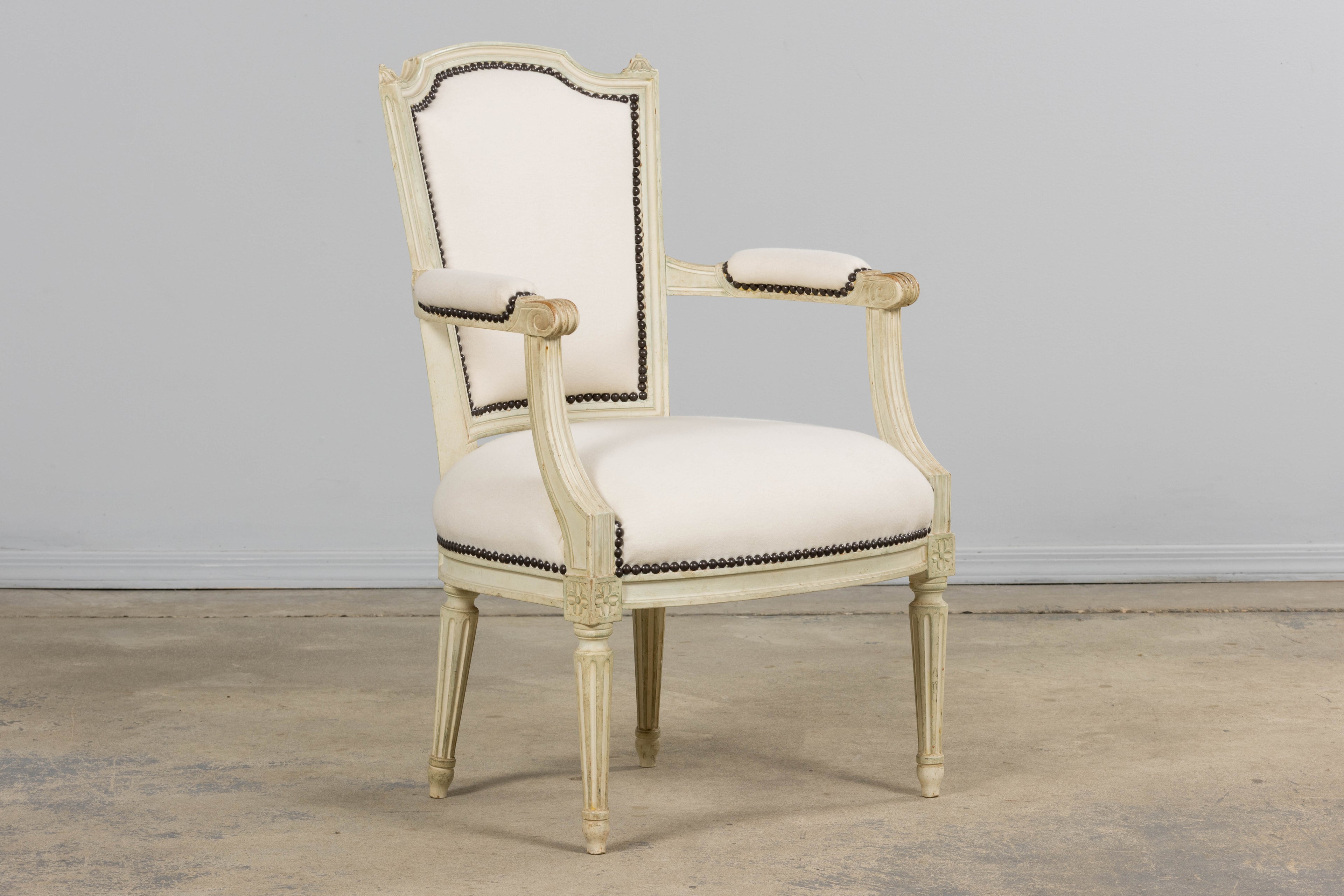 Antique French Louis XVI Painted Armchairs in Off-White Wool - A Pair