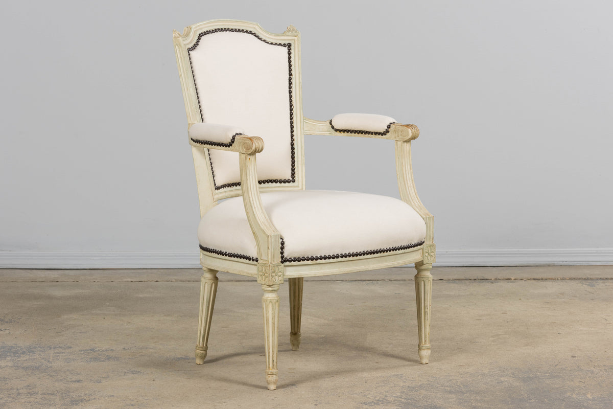 Antique French Louis XVI Painted Armchairs in Off-White Wool - A Pair
