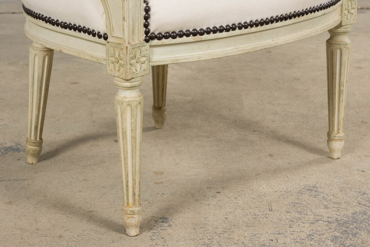 Antique French Louis XVI Painted Armchairs in Off-White Wool - A Pair