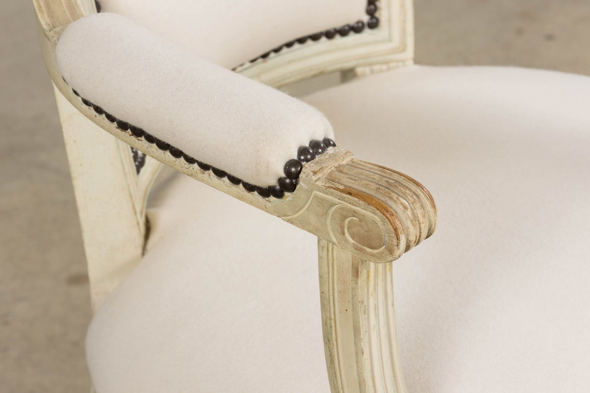 Antique French Louis XVI Painted Armchairs in Off-White Wool - A Pair