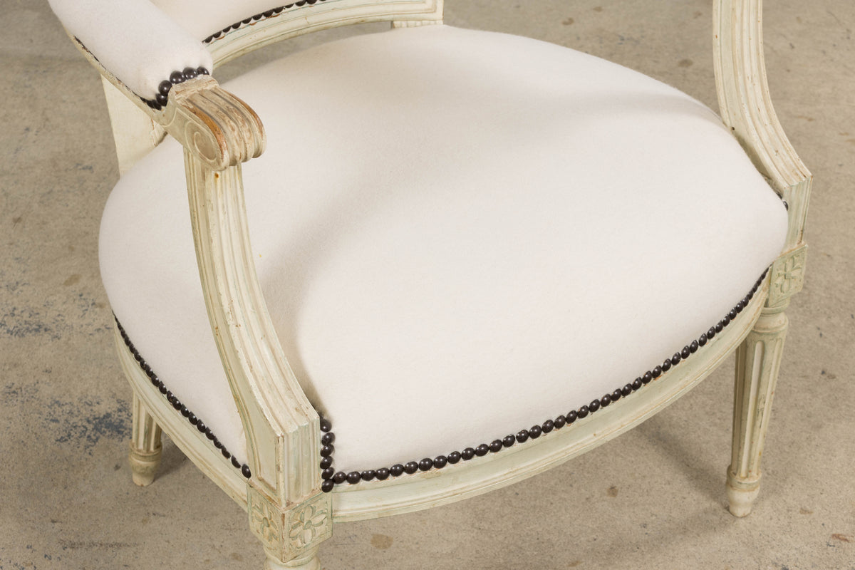 Antique French Louis XVI Painted Armchairs in Off-White Wool - A Pair