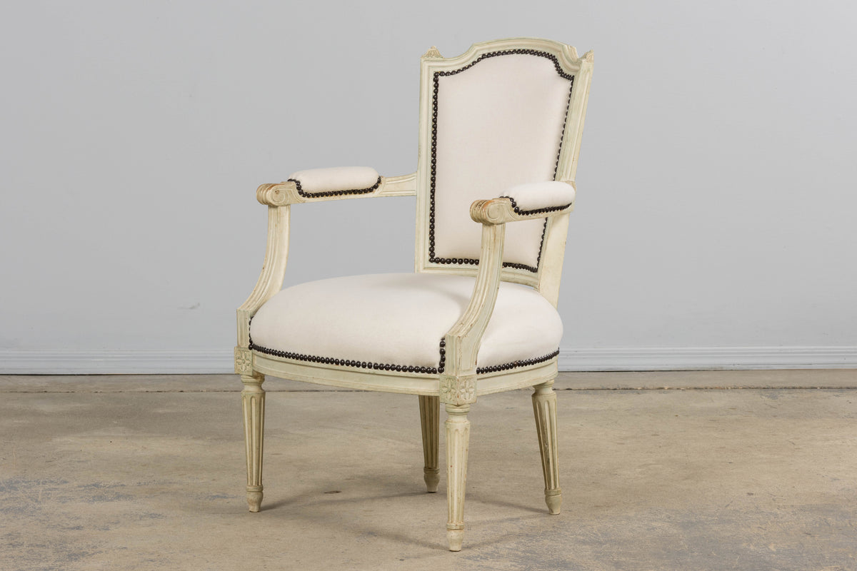 Antique French Louis XVI Painted Armchairs in Off-White Wool - A Pair