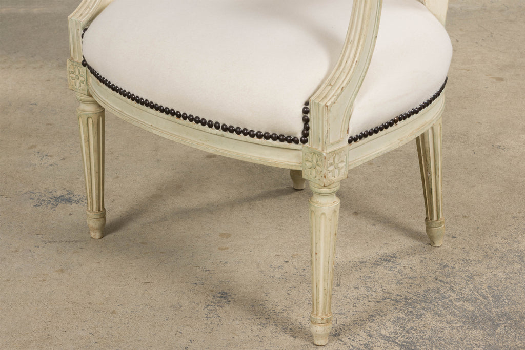 Antique French Louis XVI Painted Armchairs in Off-White Wool - A Pair