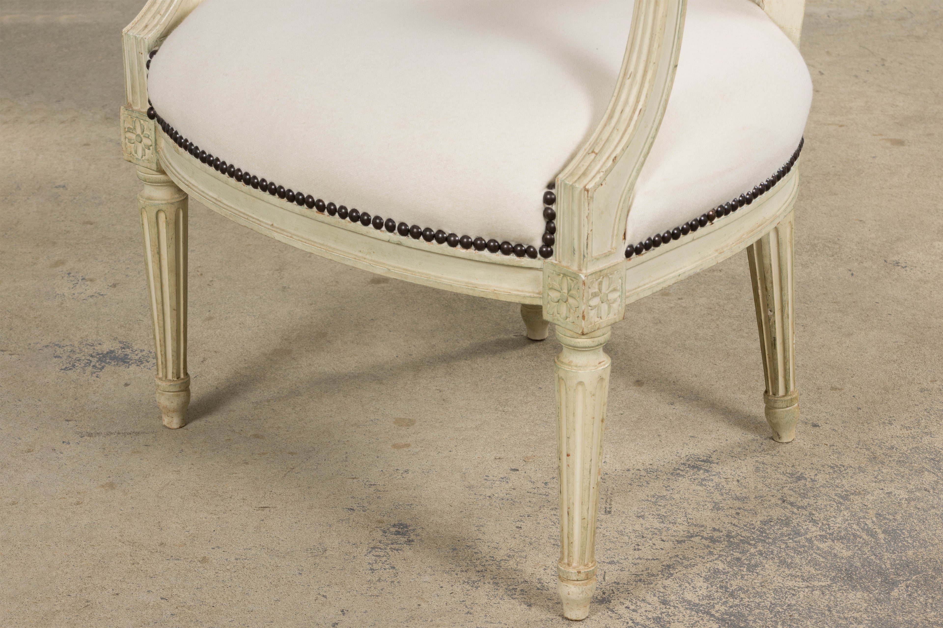Antique French Louis XVI Painted Armchairs in Off-White Wool - A Pair