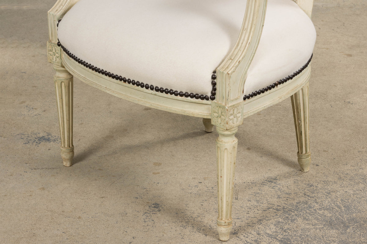 Antique French Louis XVI Painted Armchairs in Off-White Wool - A Pair