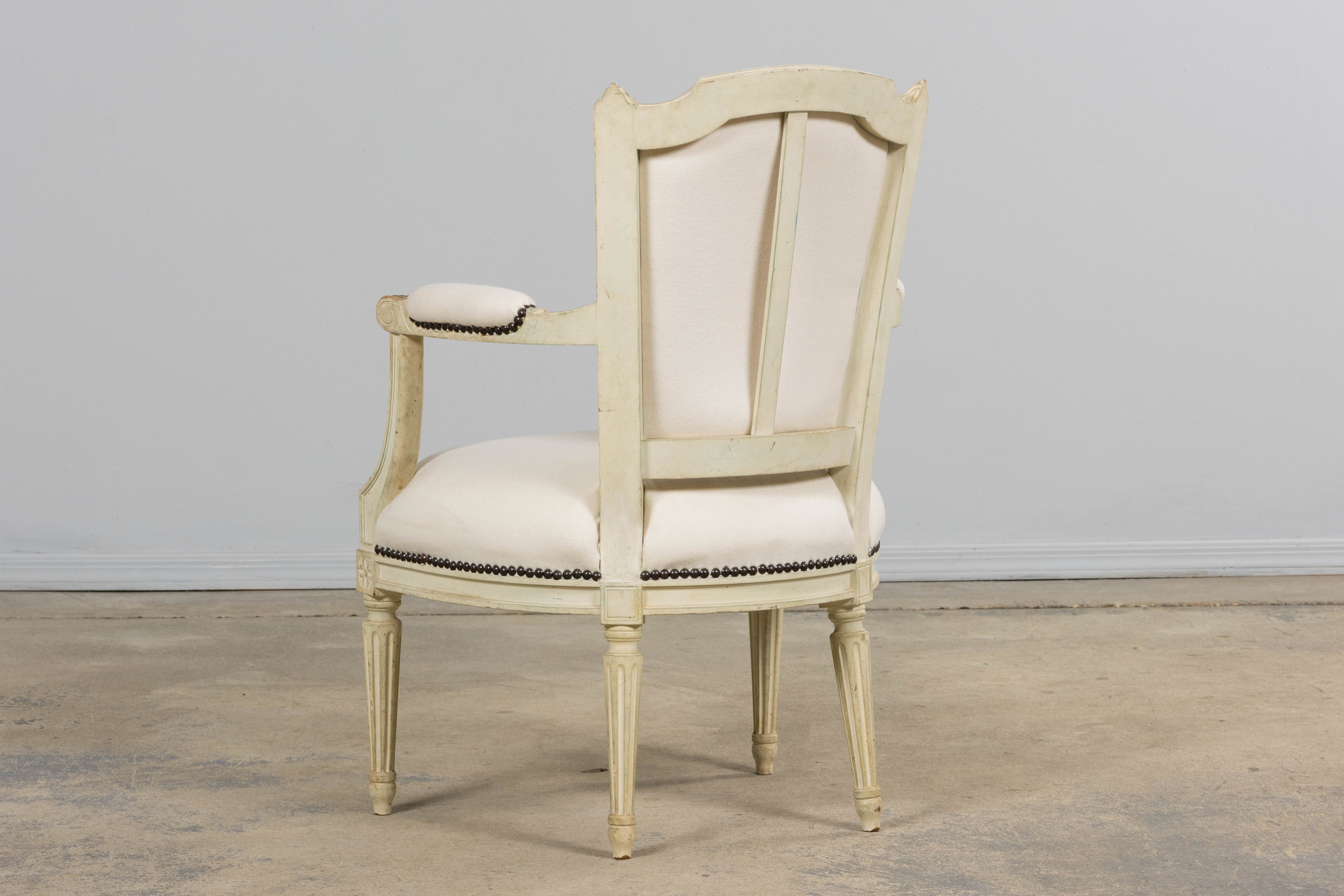 Antique French Louis XVI Painted Armchairs in Off-White Wool - A Pair