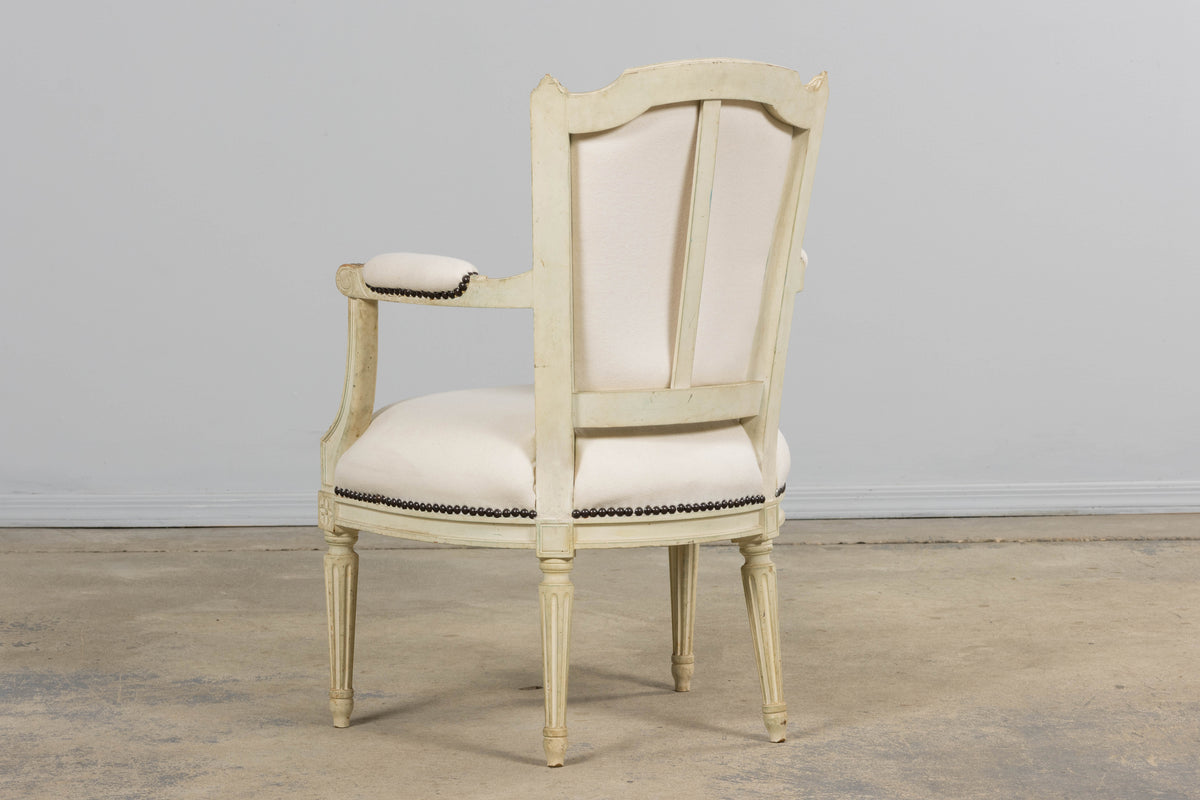 Antique French Louis XVI Painted Armchairs in Off-White Wool - A Pair
