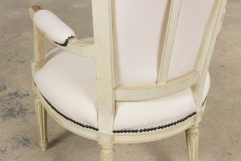 Antique French Louis XVI Painted Armchairs in Off-White Wool - A Pair