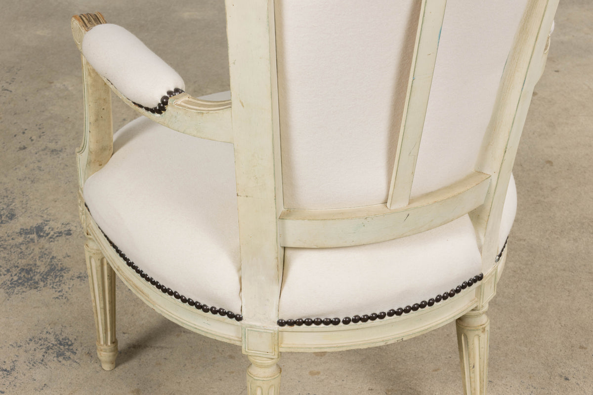 Antique French Louis XVI Painted Armchairs in Off-White Wool - A Pair