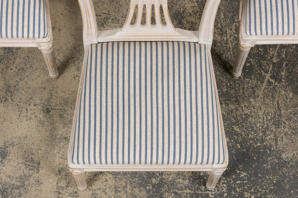 French Louis XVI Style Painted Dining Chairs W/ Striped Linen - Set of 6