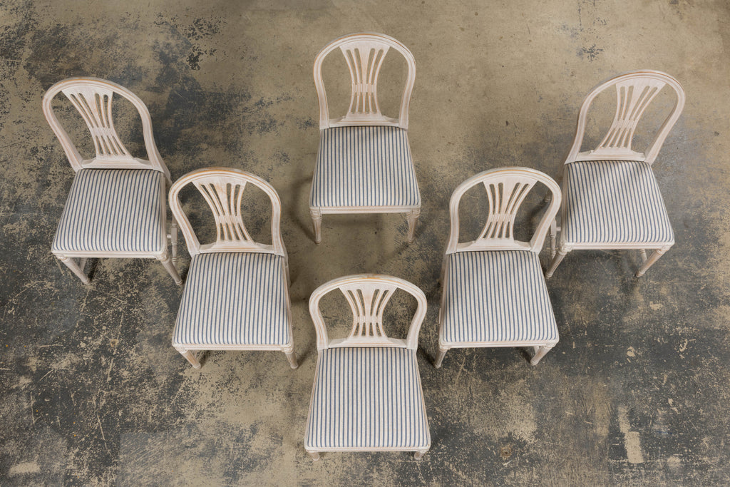 French Louis XVI Style Painted Dining Chairs W/ Striped Linen - Set of 6